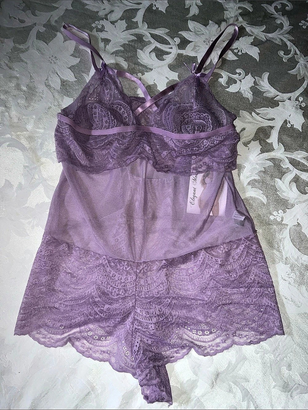 Elegant Moments Style 77057 Lace Romper Purple XL NWT